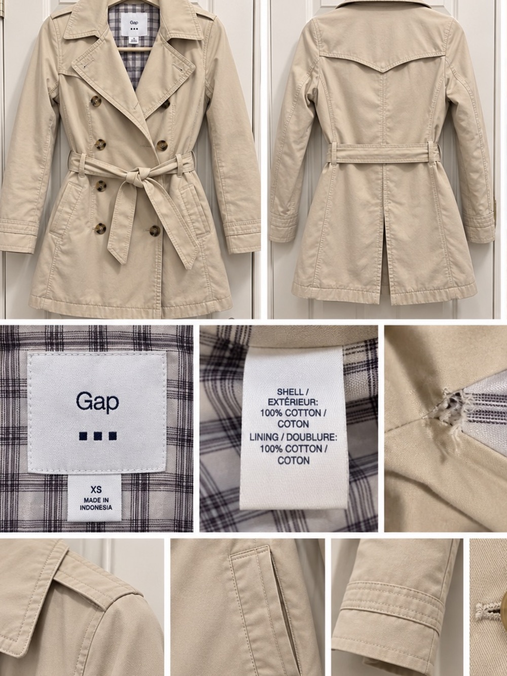 Gap Classic Beige Trench Coat XS Double Breasted Belted Plaid Lined